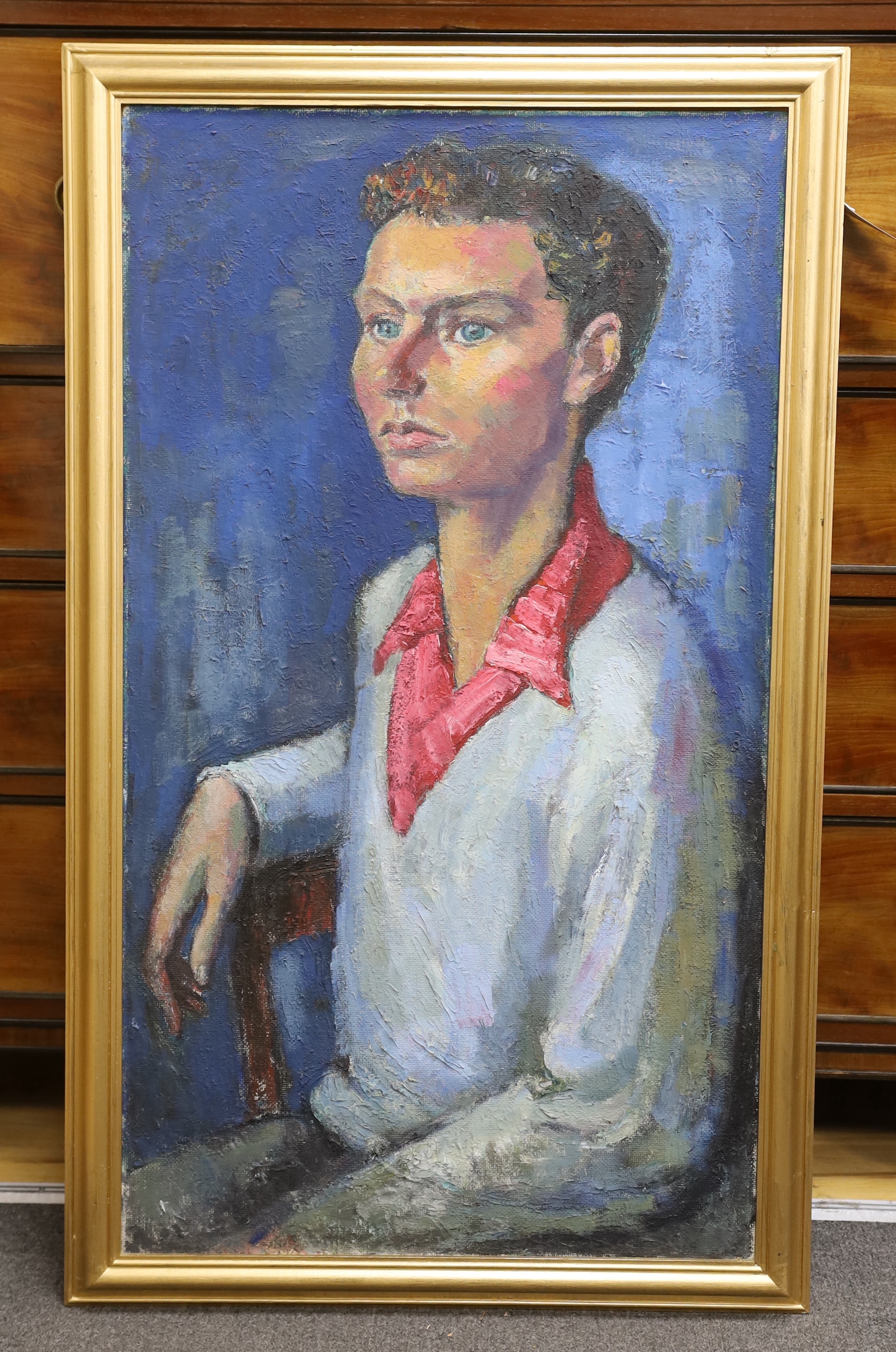 Emmanuel Levy (1900-1986), oil on board, Portrait of a seated youth, Atkinson Gallery label verso, unsigned, 91 x 50cm